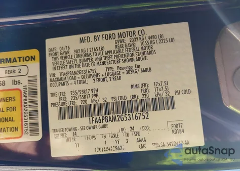 2016 Ford Mustang V6 z USA, uszkodzony, nr VIN 1FA6P8AM2G5316752